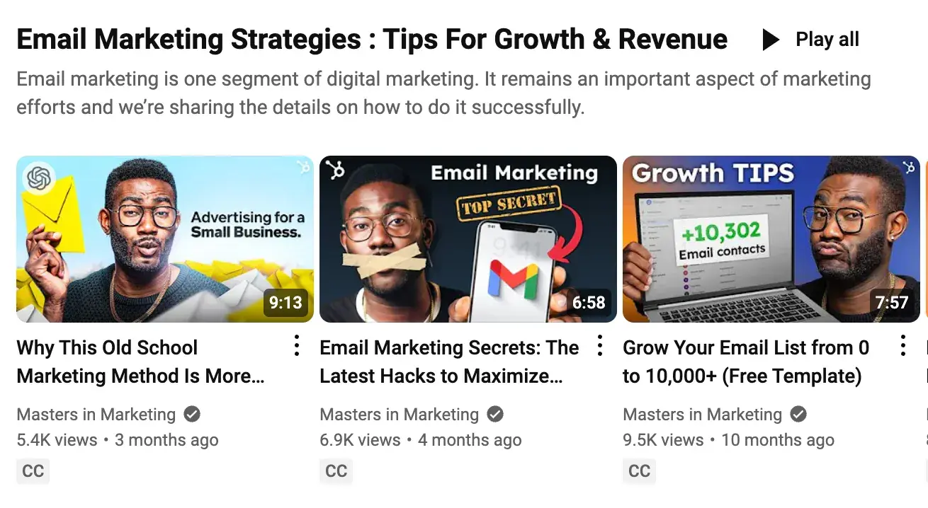 Screencap of ̽ѡs YouTube channel, with three videos about email marketing strategies. 