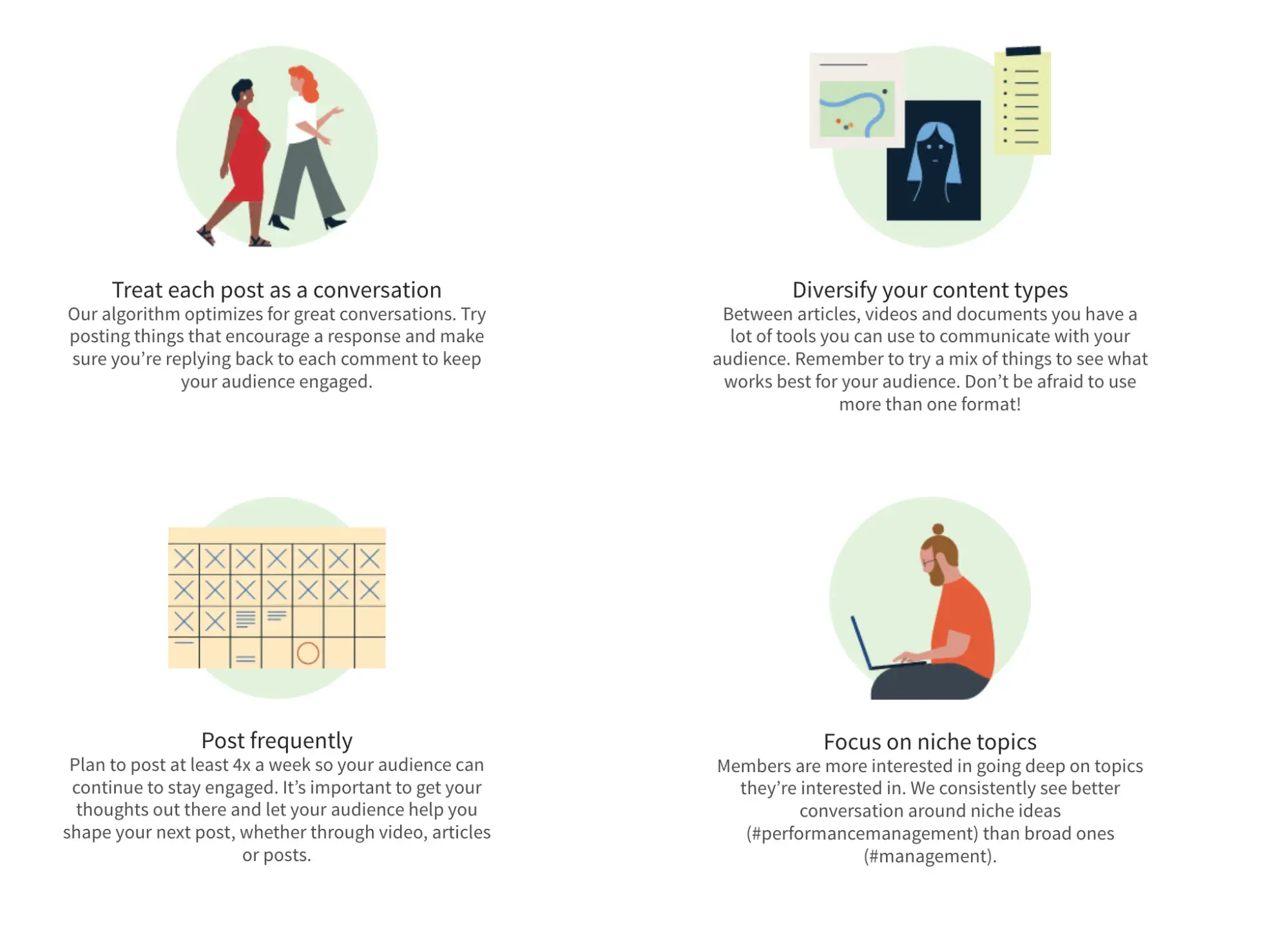 Screencap of four of LinkedIns content best practices. Treat each post as a conversation. Diversity your content types. Post frequently. Focus on niche topics.