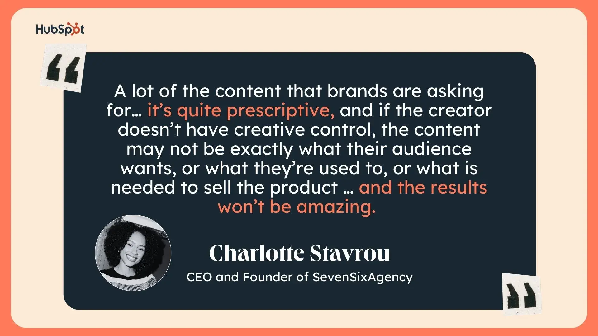 a quote from charlotte stavrou, founder of sevensix agency