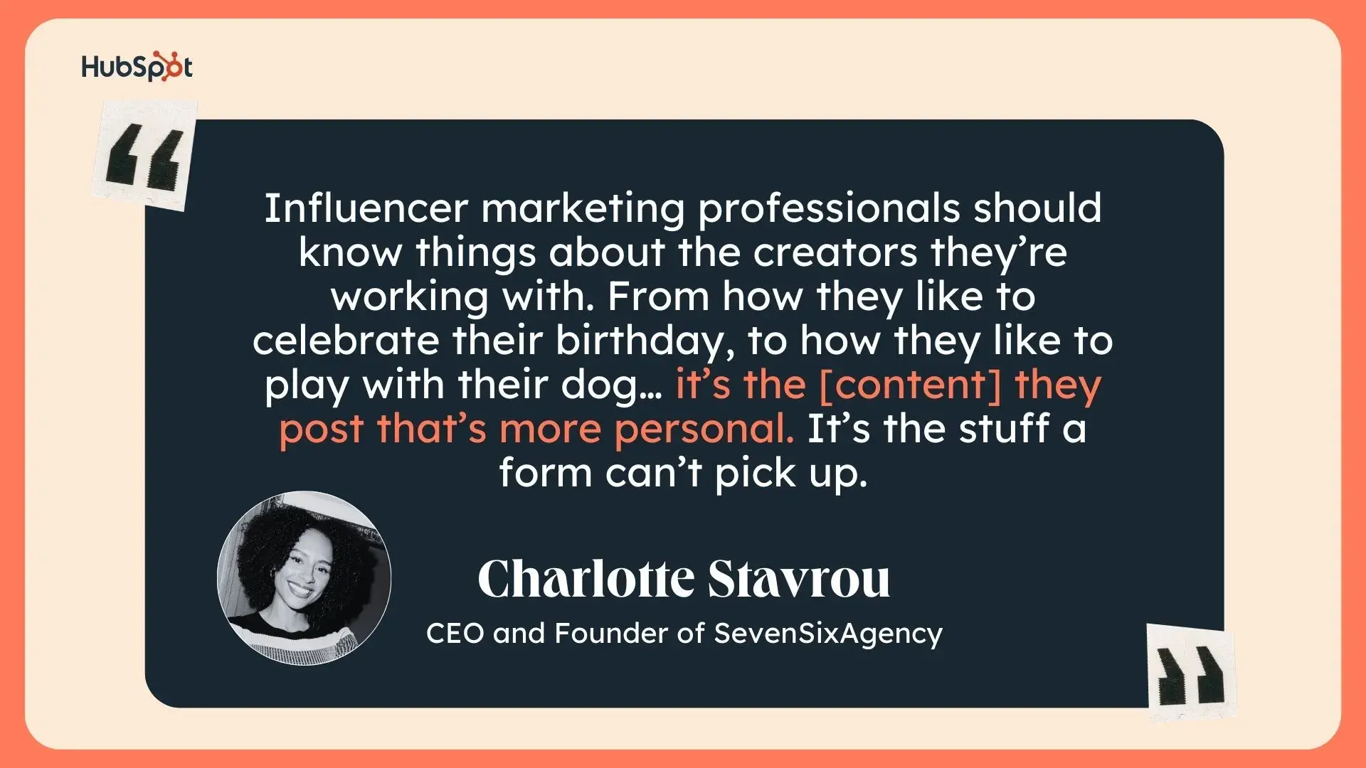 a quote from charlotte stavrou, founder of sevensix agency