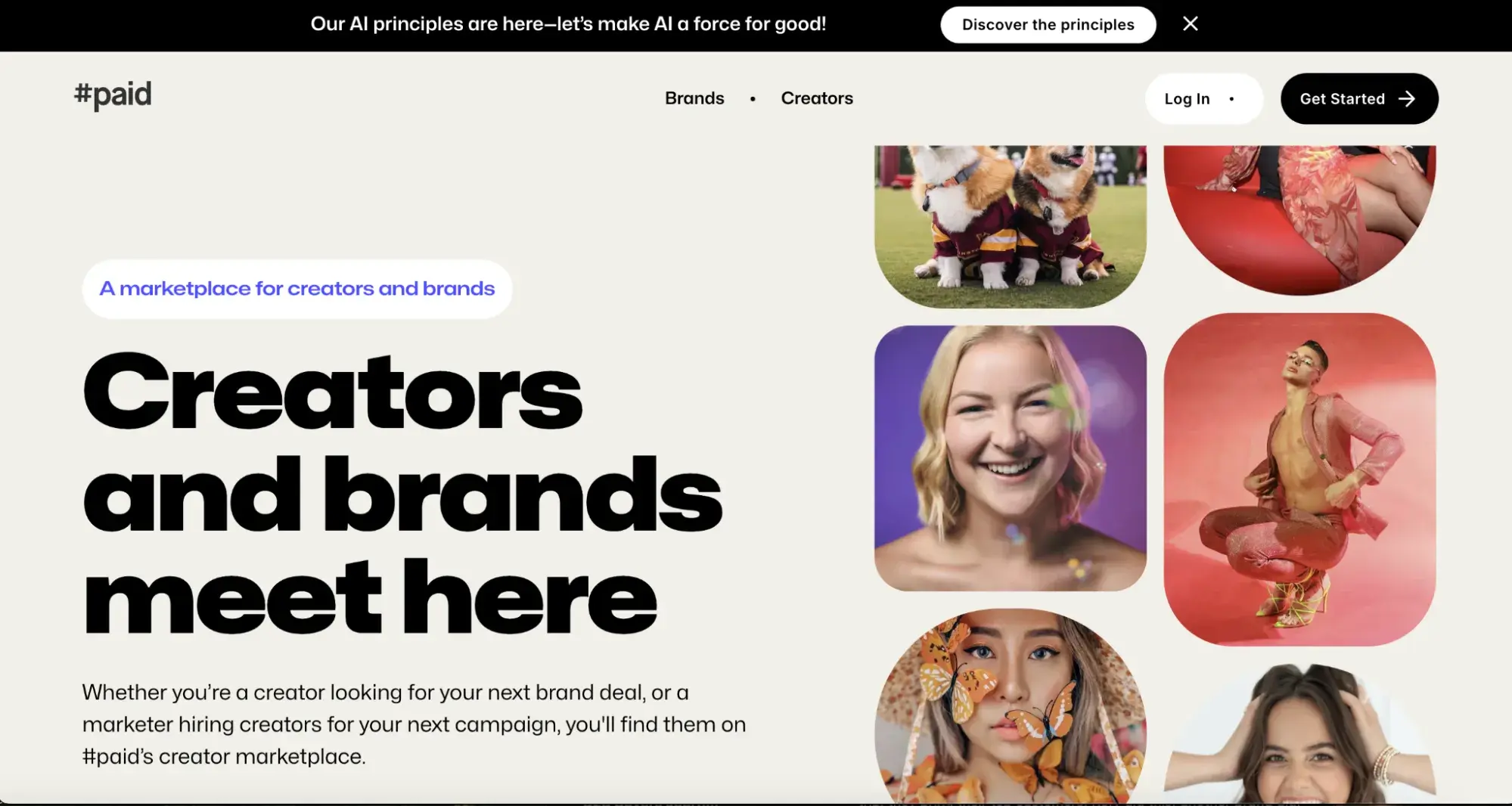 a screenshot of #Paids, an influencer marketing platform, homepage with a sentence that says creators and brands meet here along with imagery of different diverse influencers