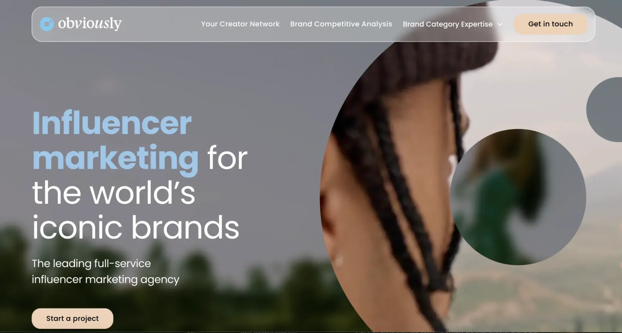 a screenshot of obviouslys homepage with a sentence that says, influencer marketing for the worlds iconic brands