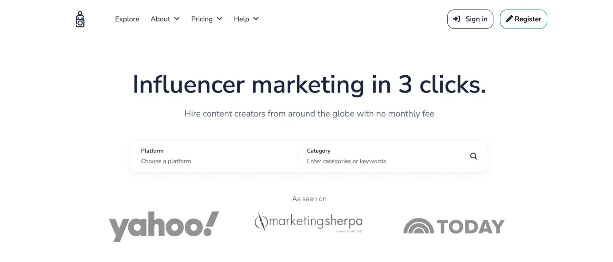 a screenshot of influentiallys homepage with a sentence that says, influencer marketing in 3 clicks