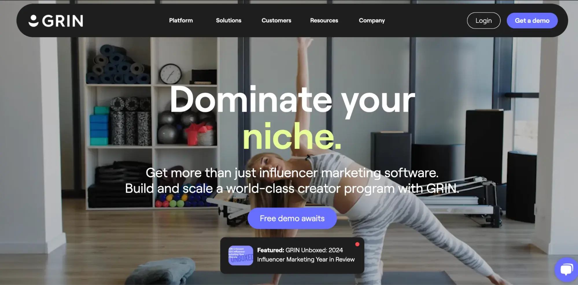 a screenshot of grins homepage with a sentence that says, dominate your niche and get more than just influencer marketing software. build and scale a world-class creator program with GRIN