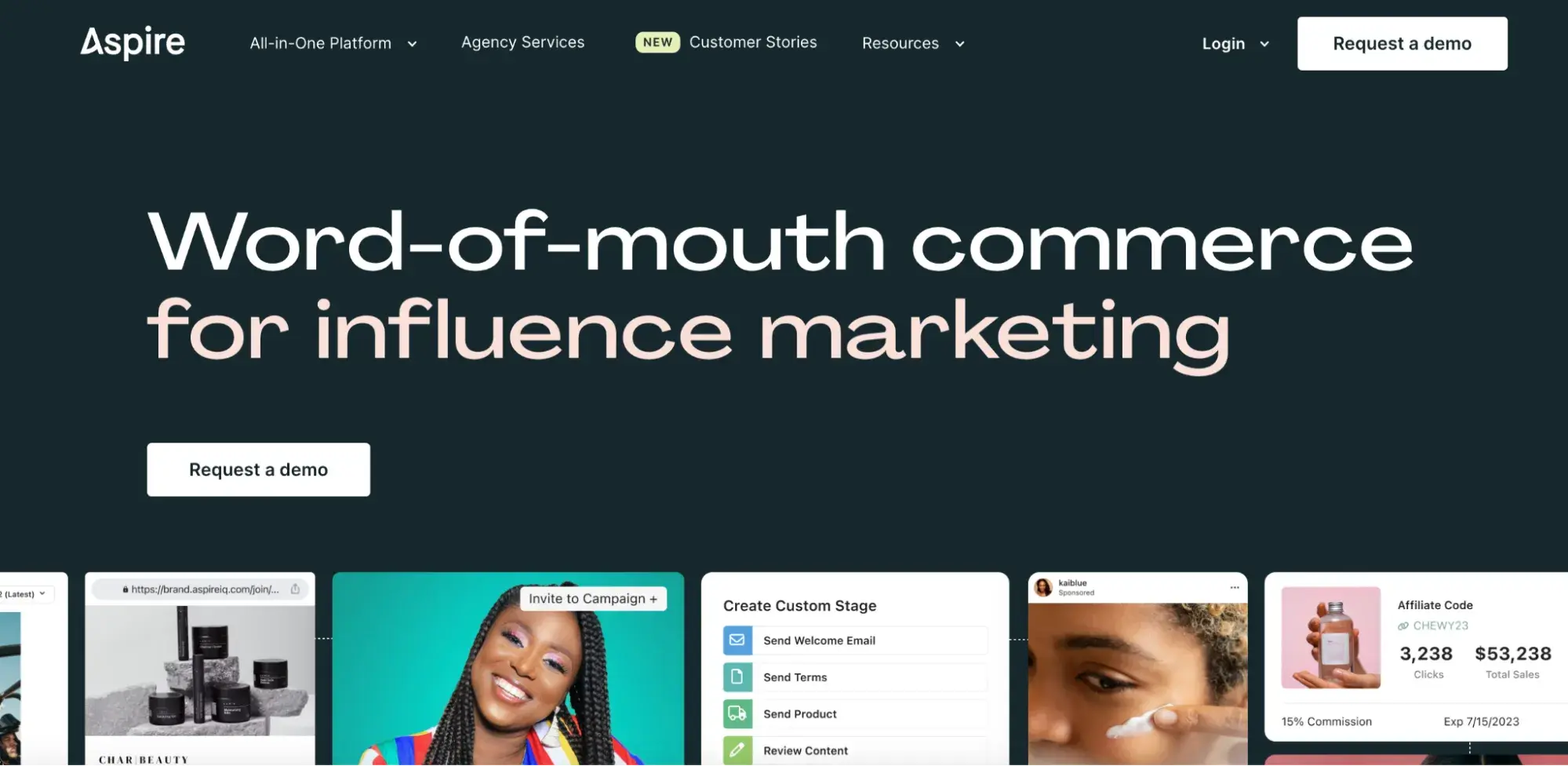 a screenshot of aspires homepage with a sentence that says, word-of-mouth commerce for influence marketing