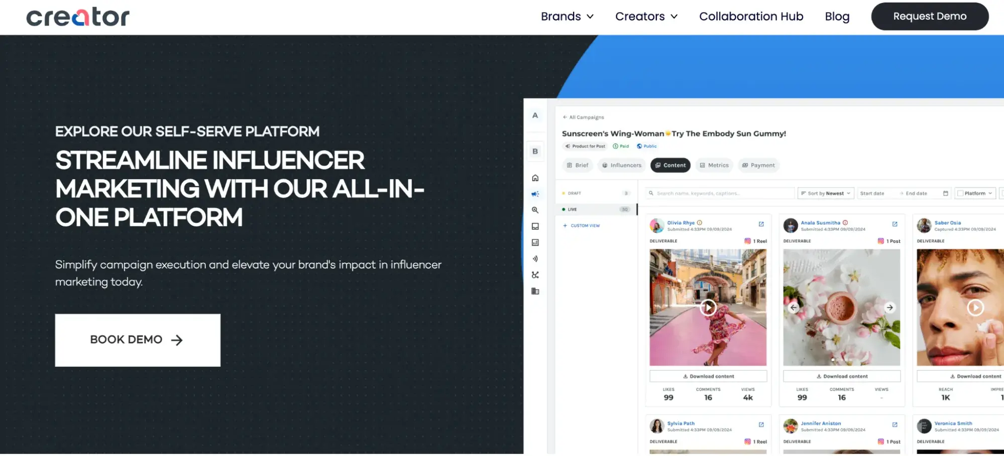 a screenshot of creator.cos homepage with a sentence that says, streamline influencer marketing with our all-in-one platform