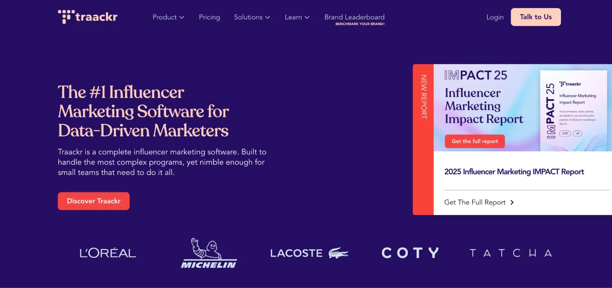 a screenshot of traakrs homepage with an image of a creator jumping in the air with shopping bags next to a sentence that says, the #1 influencer marketing software for data-driven marketers