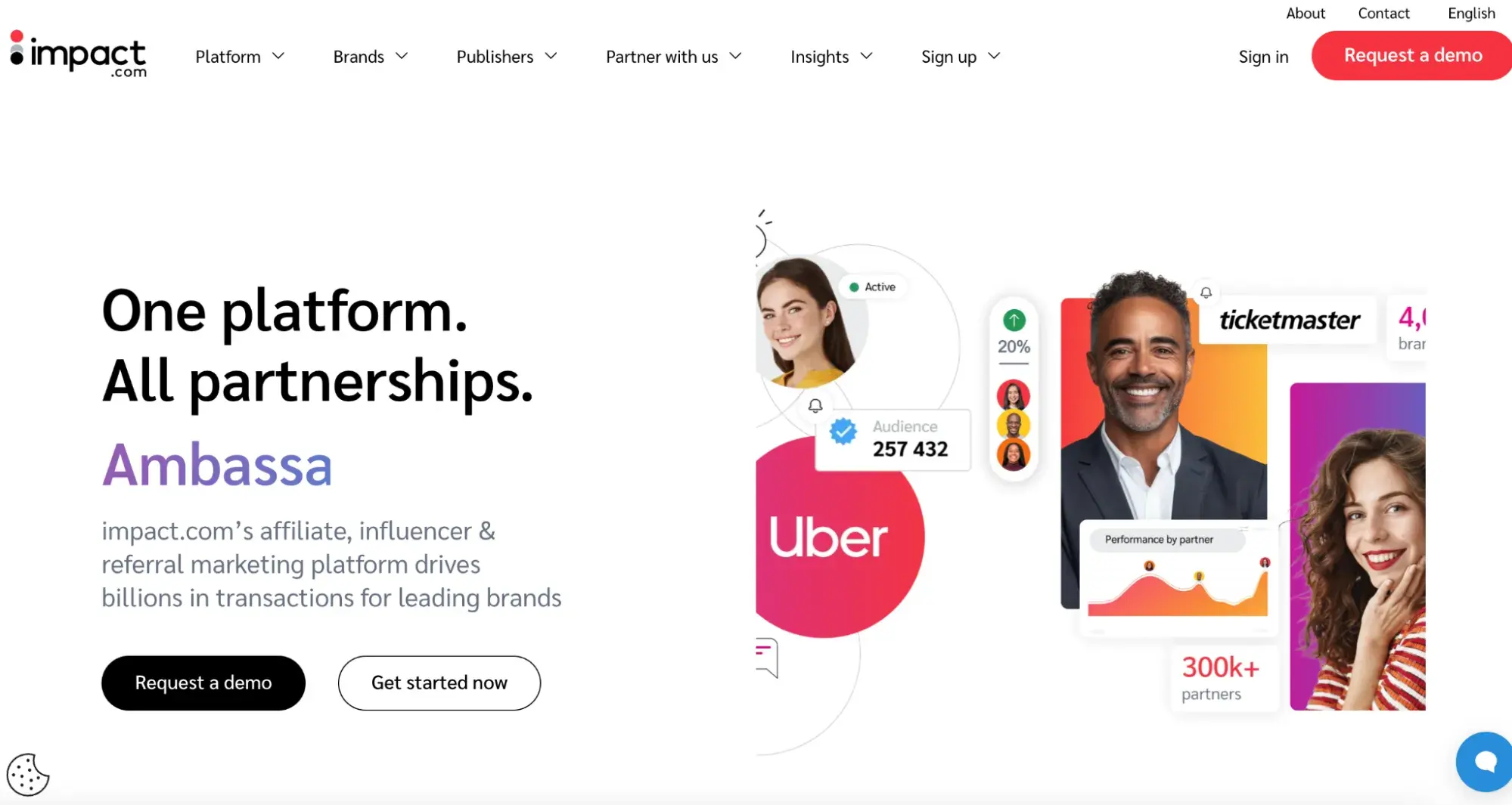 a screenshot of impact.coms homepage with an image of a creator surrounded by impact.coms tagline, one platform, all partnerships