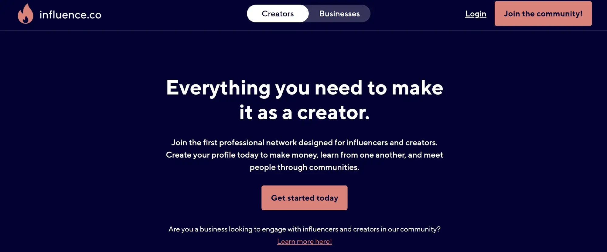 a screenshot of influence.cos dark blue and muted peach-colored homepage