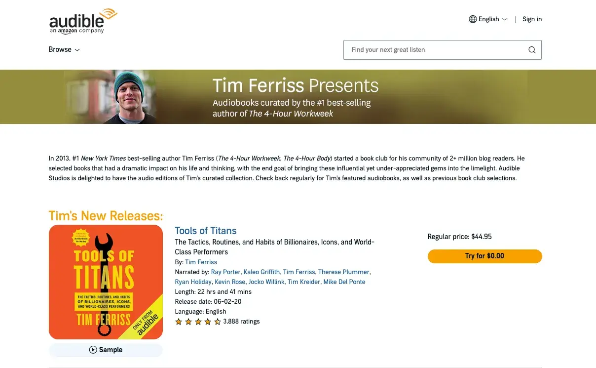 Screenshot of the Tim Ferriss collaboration page on Audibles website.