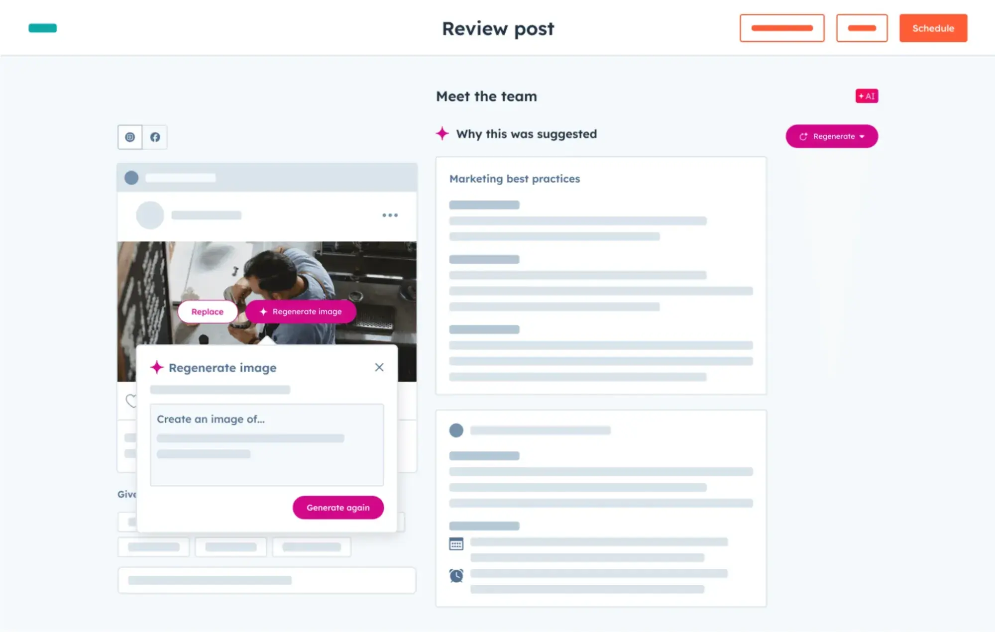 instagram ai tools �� HubSpot Breeze Social Media Agent dashboard showing AI-generated Instagram post suggestions