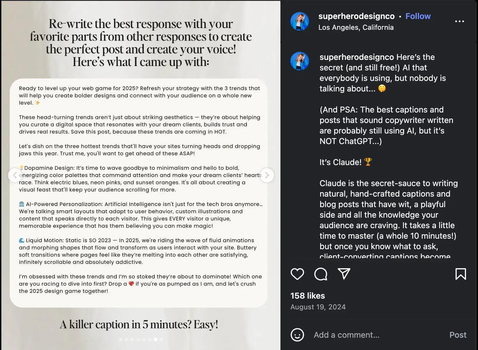 superhero designs instagram post shows a claude output of an instagram caption