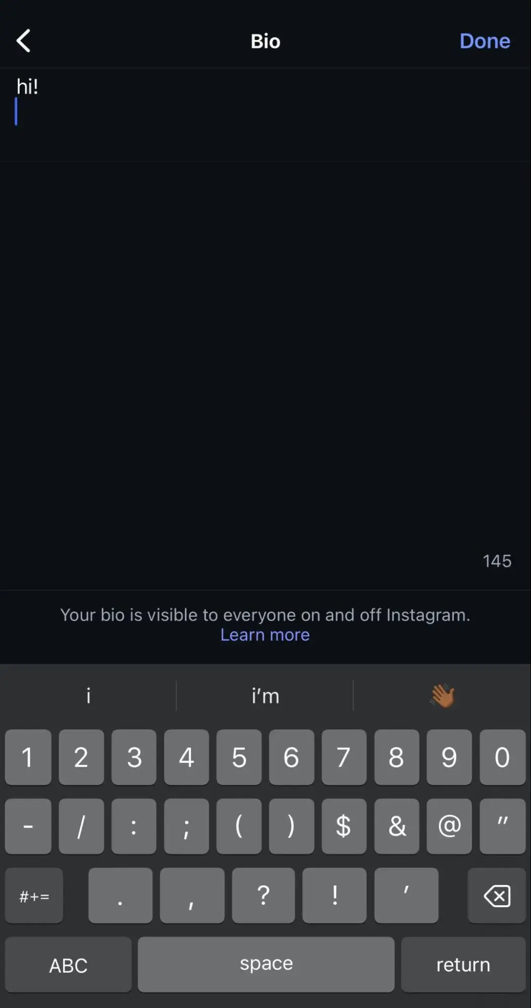 a screenshot of an instagram bio with hi typed into it