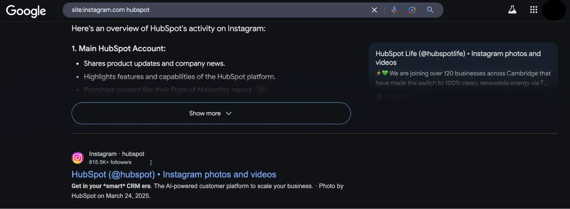 a screenshot of hubspots social media accounts on google