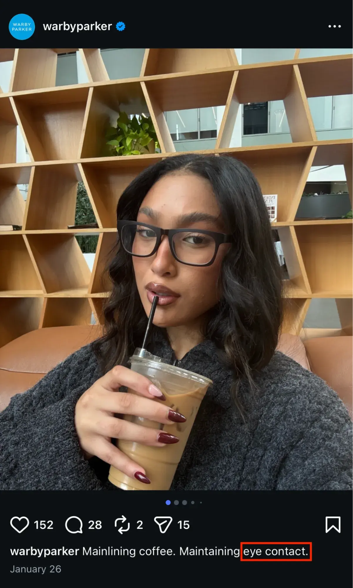 a screenshot of a Warby Parker post demonstrating how to leverage an Instagram caption for SEO discoverability