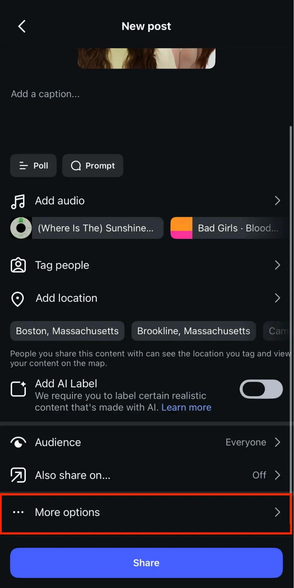  a screenshot of the ��More options�� section of Instagram when posting content