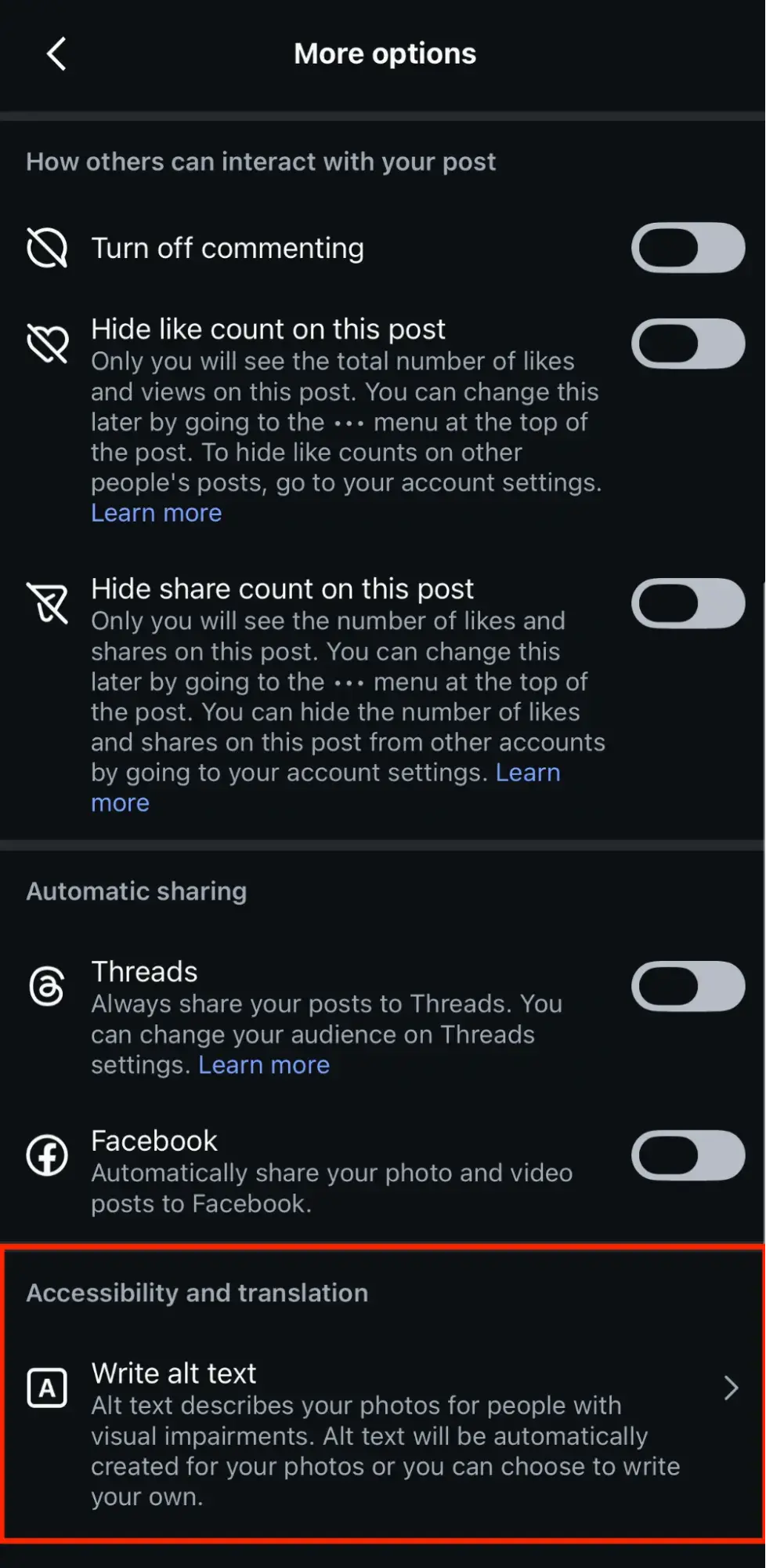 a screenshot of the ��Write alt text�� section of Instagram when posting content