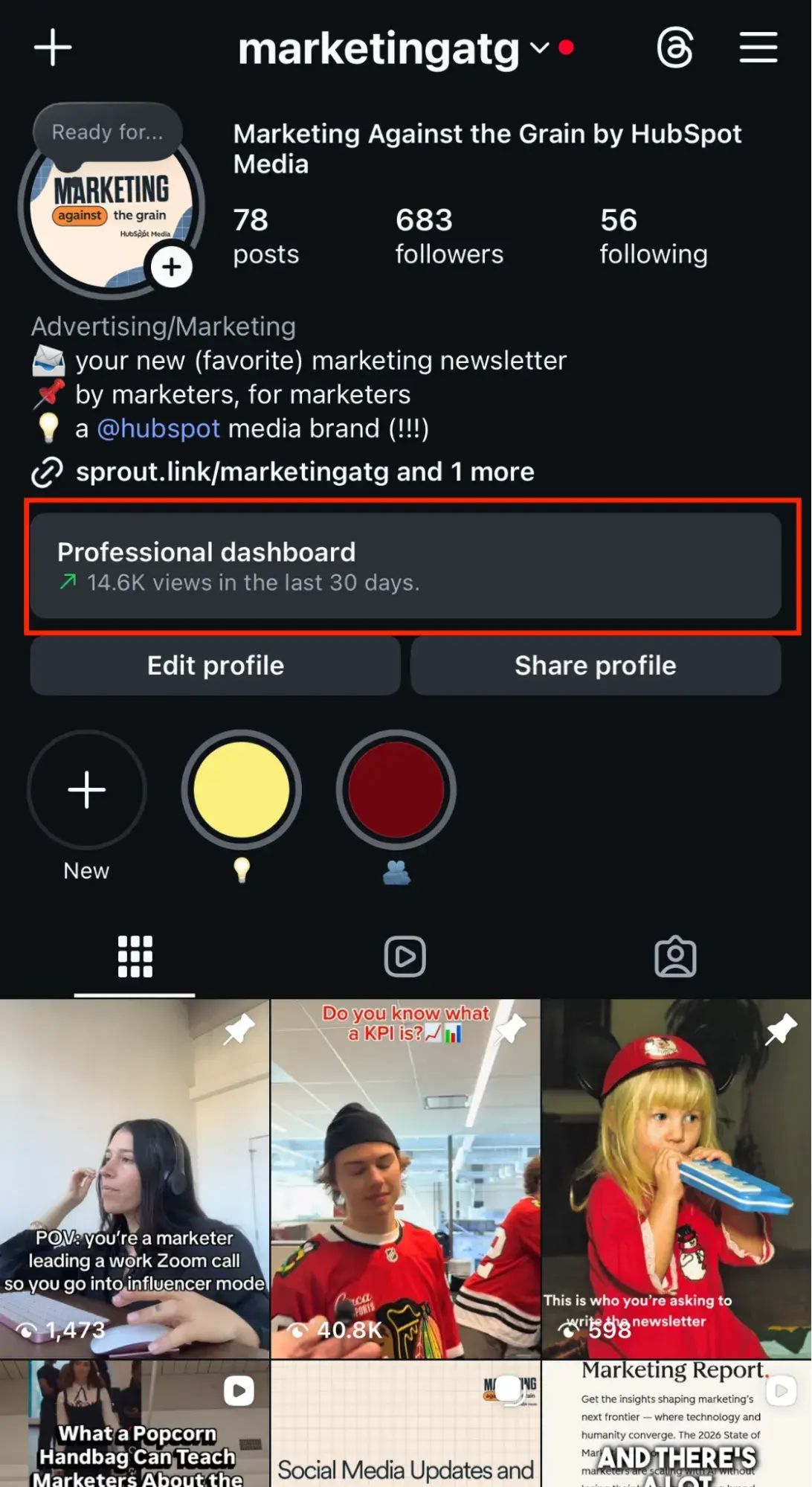 a screenshot of hubspot��s marketing against the grain instagram account, demonstrating where to find Instagram Insights through a business account profile