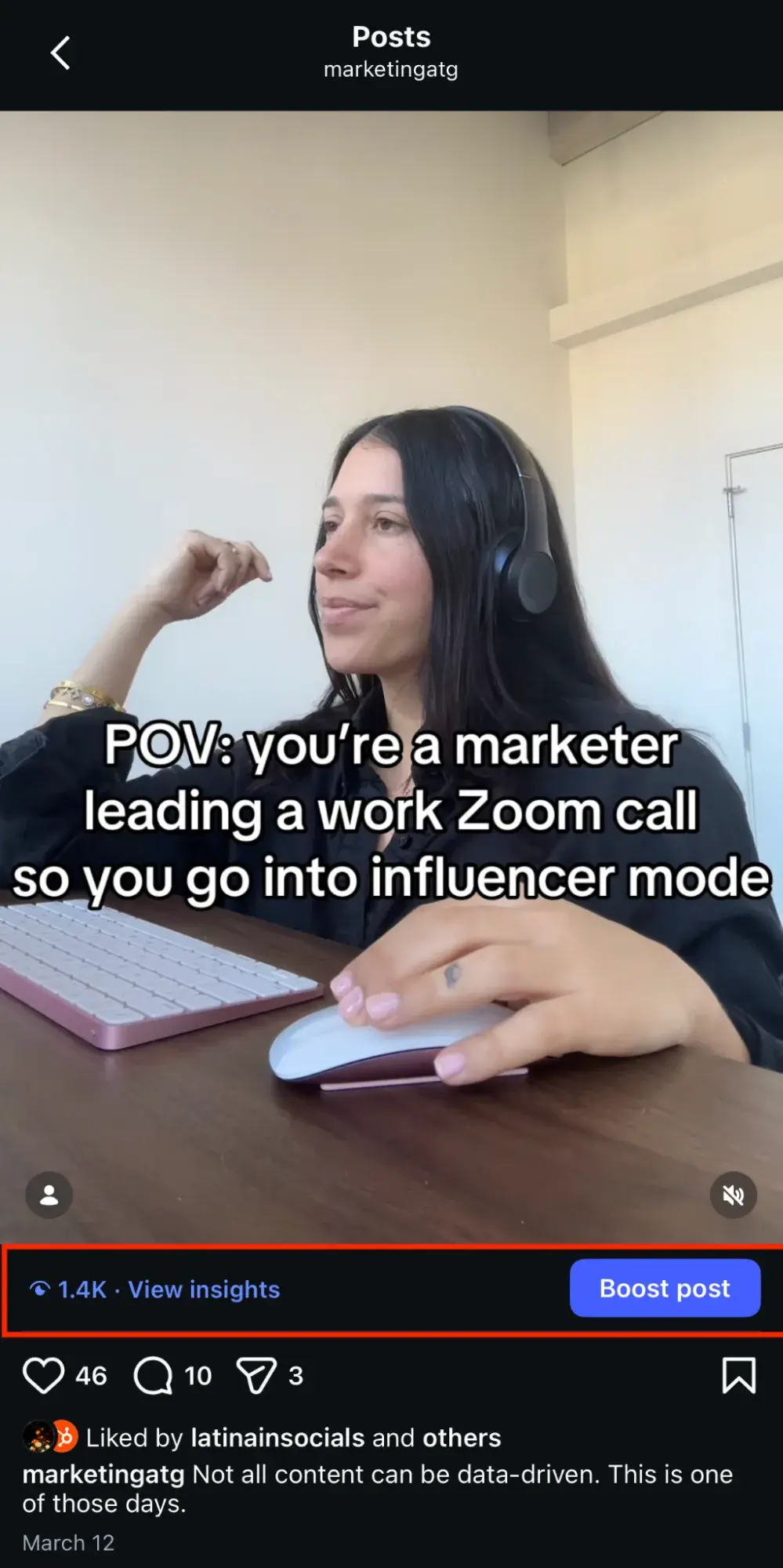 a screenshot of hubspot��s marketing against the grain instagram account, demonstrating where to find individual post Insights through an Instagram Business account profile