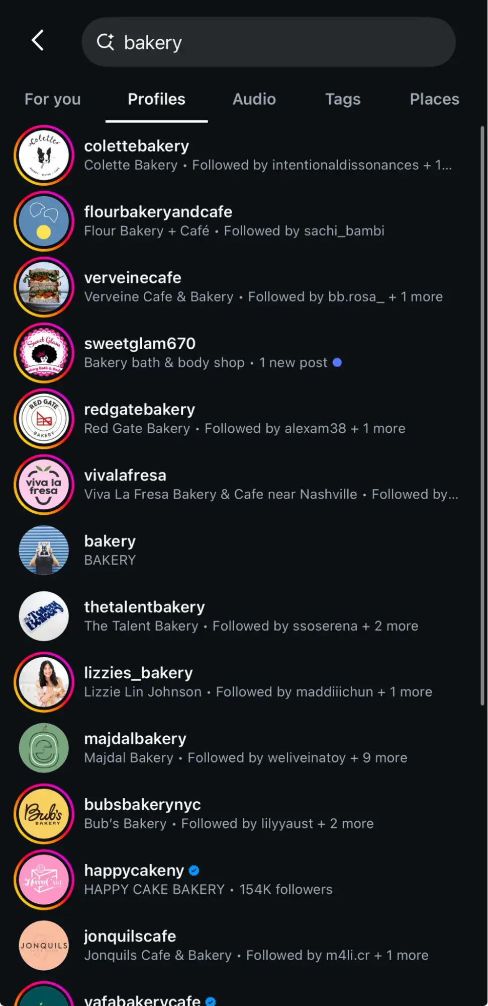 a screenshot of a search for the word ��bakery�� on Instagram, demonstrating the ability of Instagram��s SEO ability