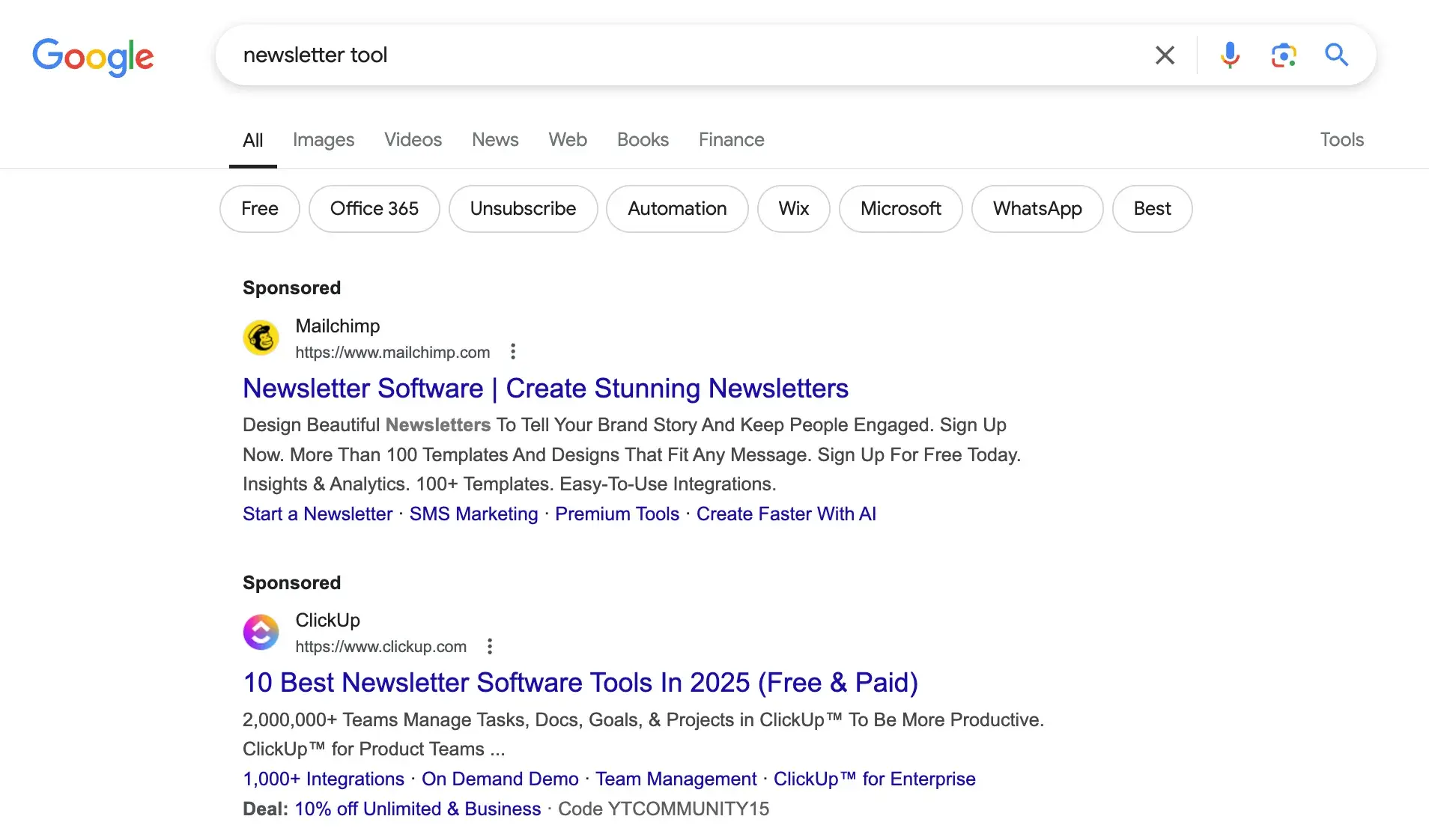 internet marketing; example of ppc ads for the phrase newsletter tool in google search