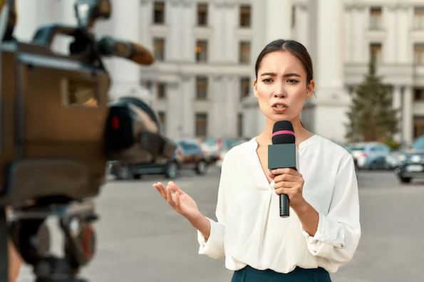 broadcast journalist reporting in front of a camera