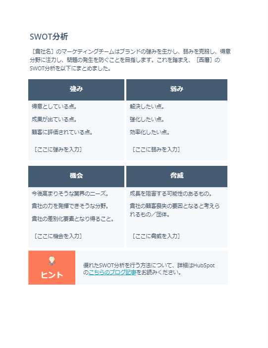 マーケティング計画書のSWOT 分析ページ