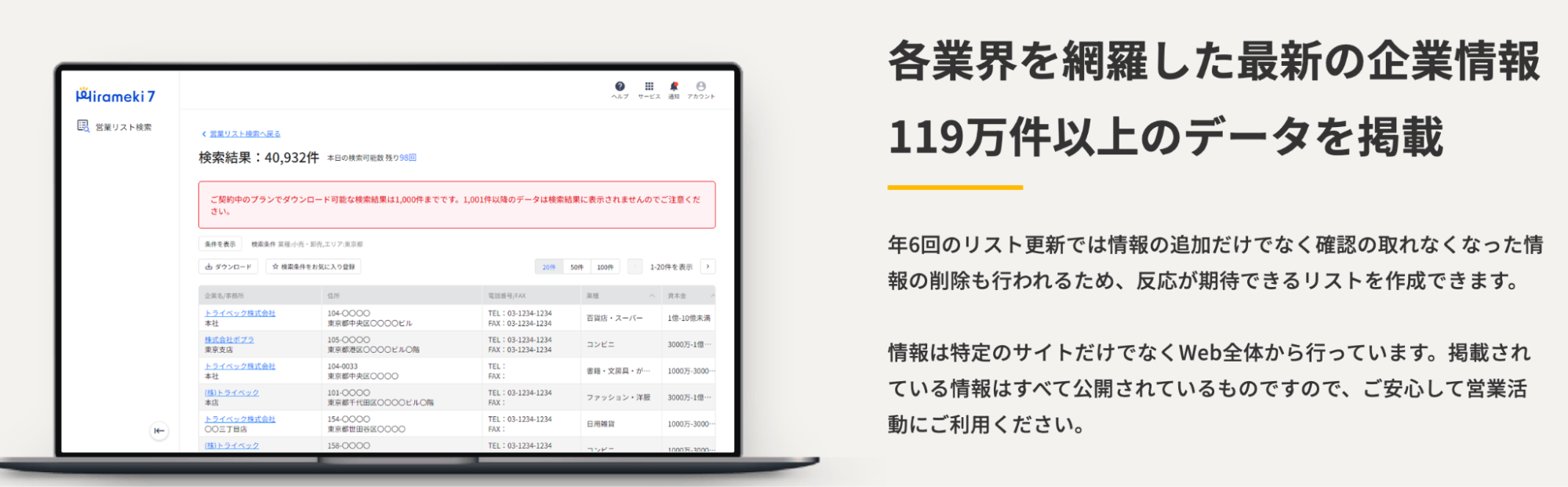 Hirameki7では、119万件のデータを活用でき、検索項目も豊富