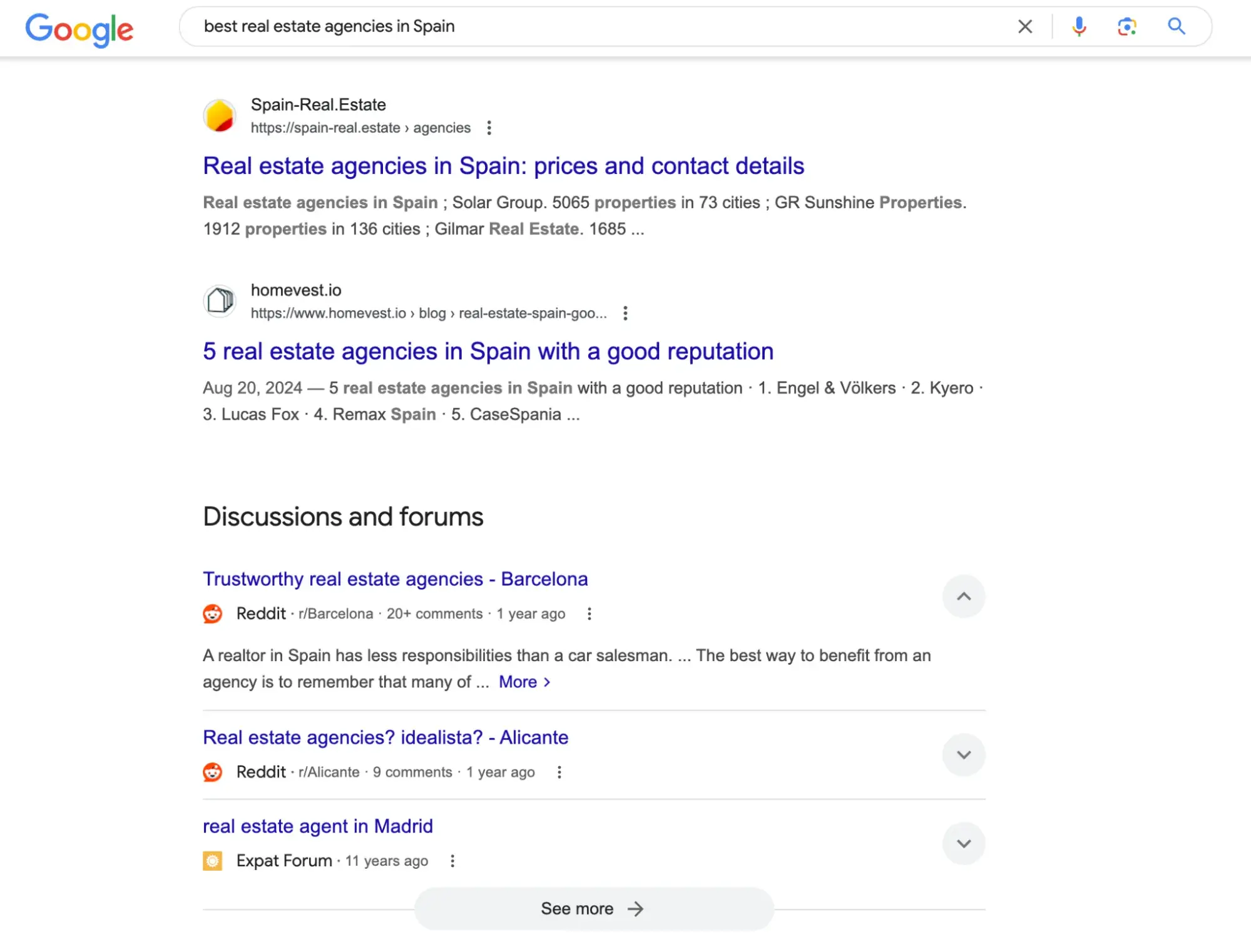 keyword intent; top pages ranking in google for the phrase best real estate agencies in spain
