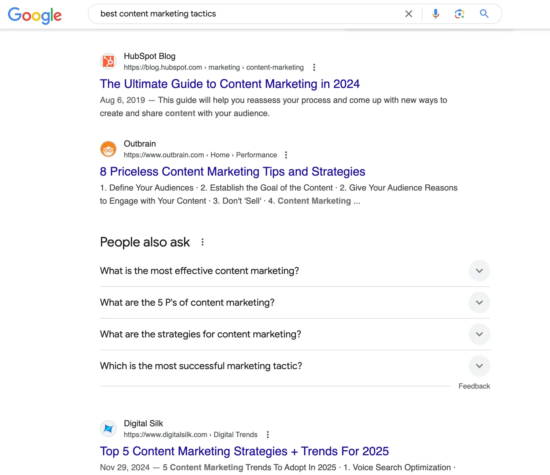 keyword rankings; google search results for the term best content marketing tactics