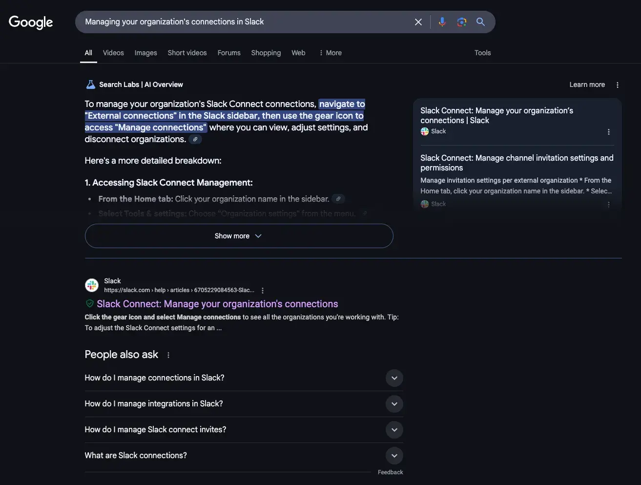 screenshot of google search results for managing your organizations connections in slack, knowledge base articles