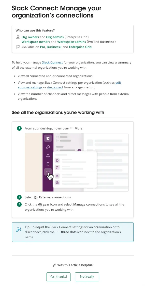 screenshot of slack help article on managing your organizations connections, knowledge base articles