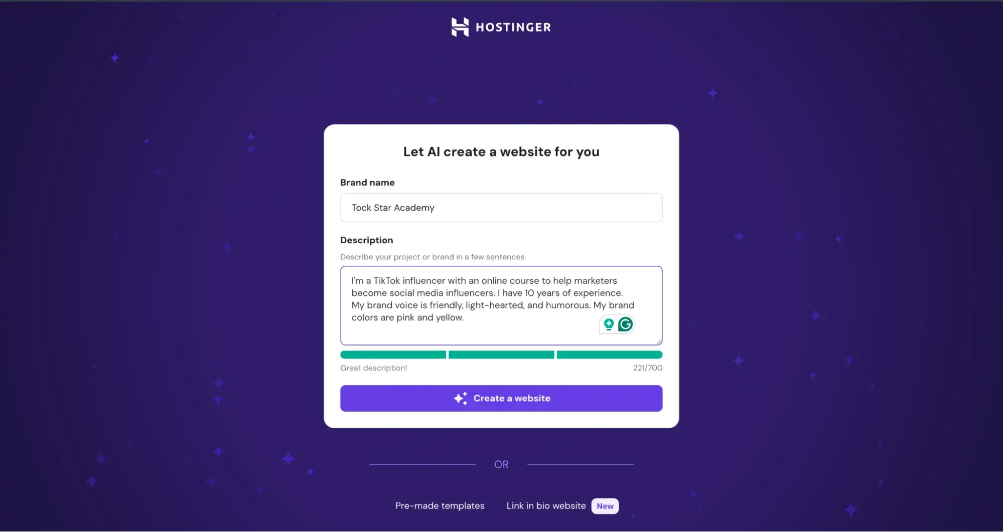 ai landing page builder: hostinger’s ai prompt box