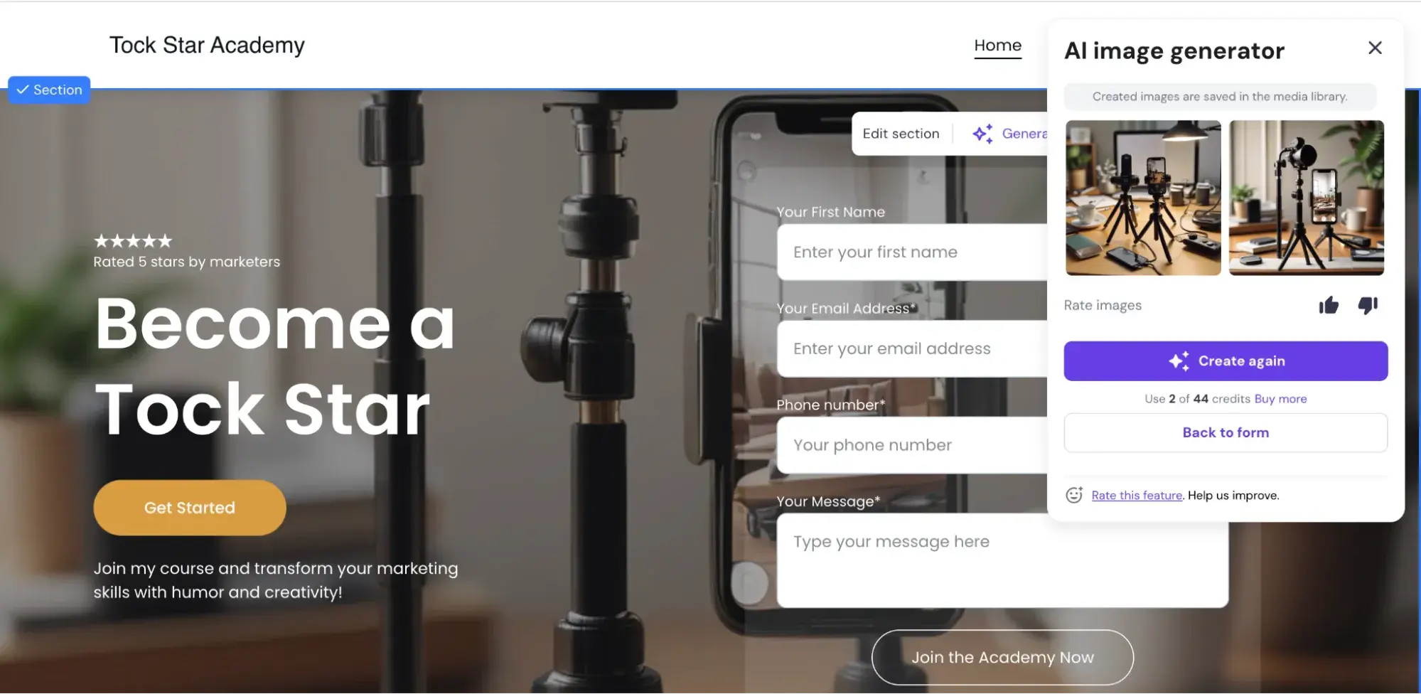 hostinger landing page with ai image generator