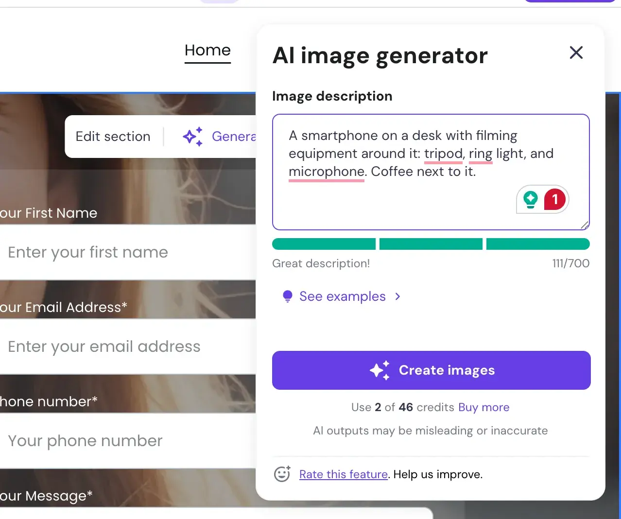 hostinger ai image generator with image description