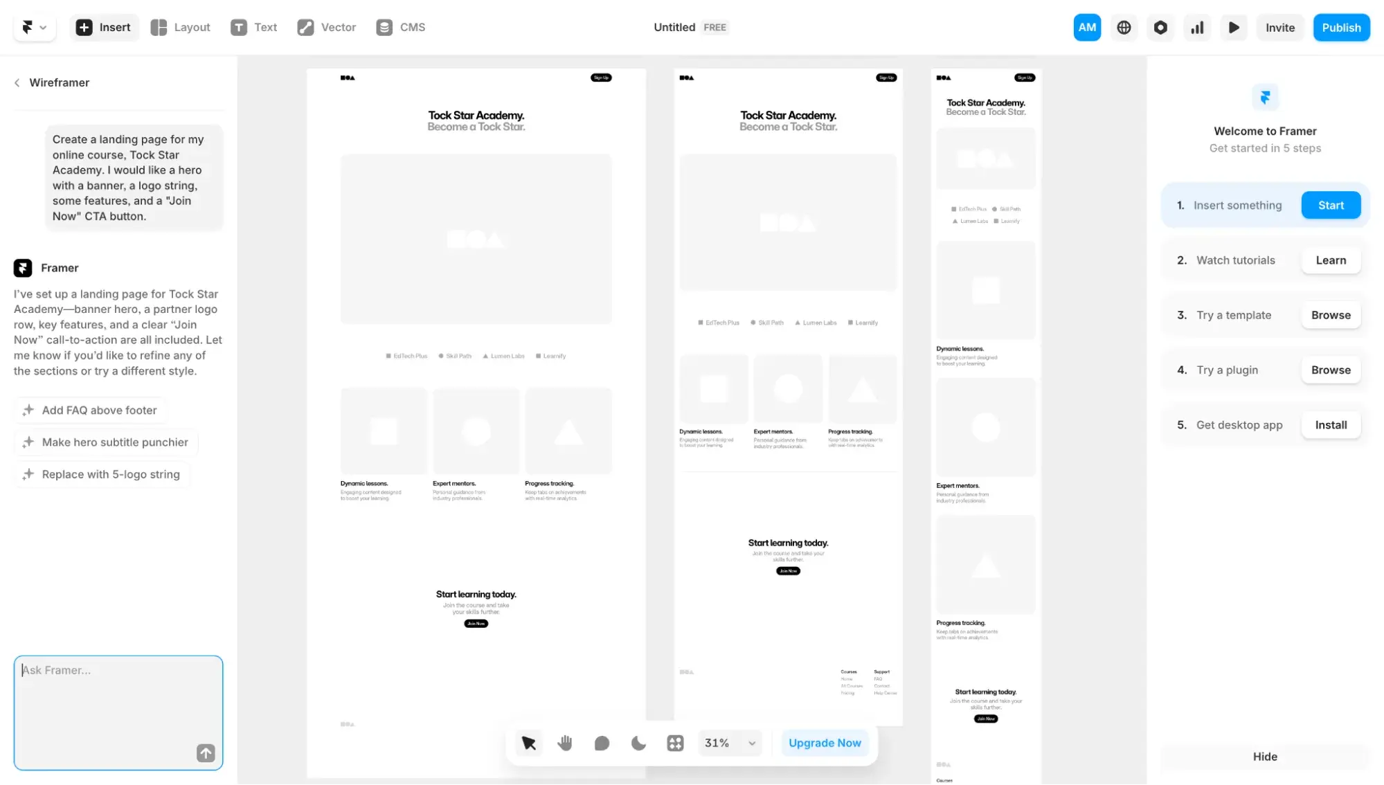 ai landing page builder framer’s ui with ai chat feature to the left and canvas to the right