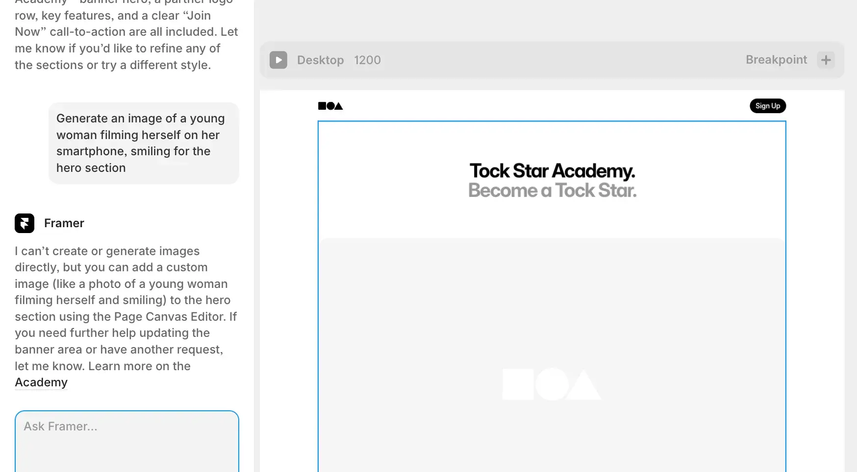 closeup of framer’s ai chat and canvas with landing page layout