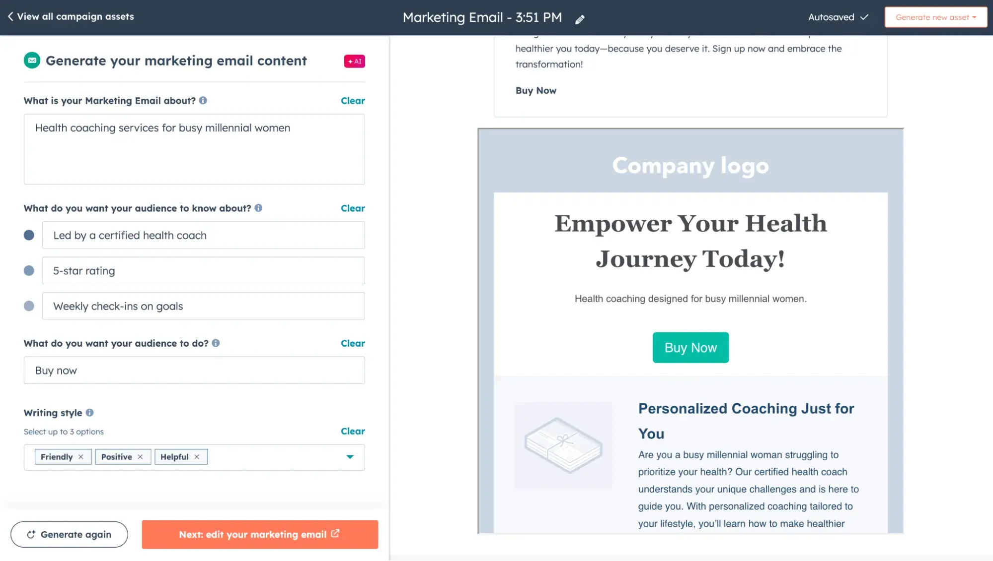 hubspot’s ai landing page builder can also generate copy for email marketing campaigns
