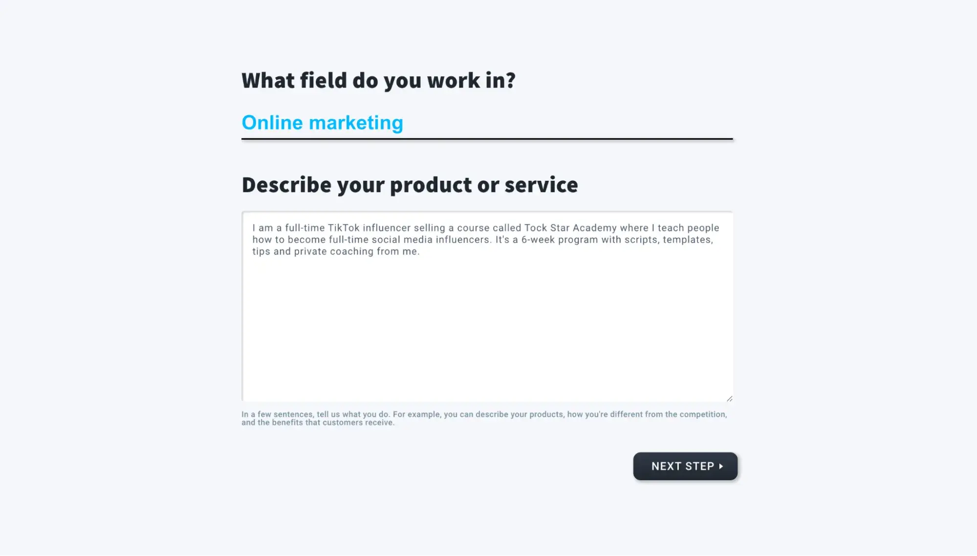 ai landing page builder: getresponse ai prompt box asking user to describe their product or service