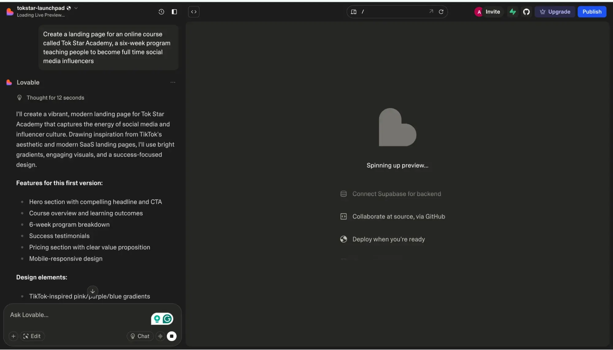 lovable ai generating a landing page based on a prompt to create a landing page for an online course