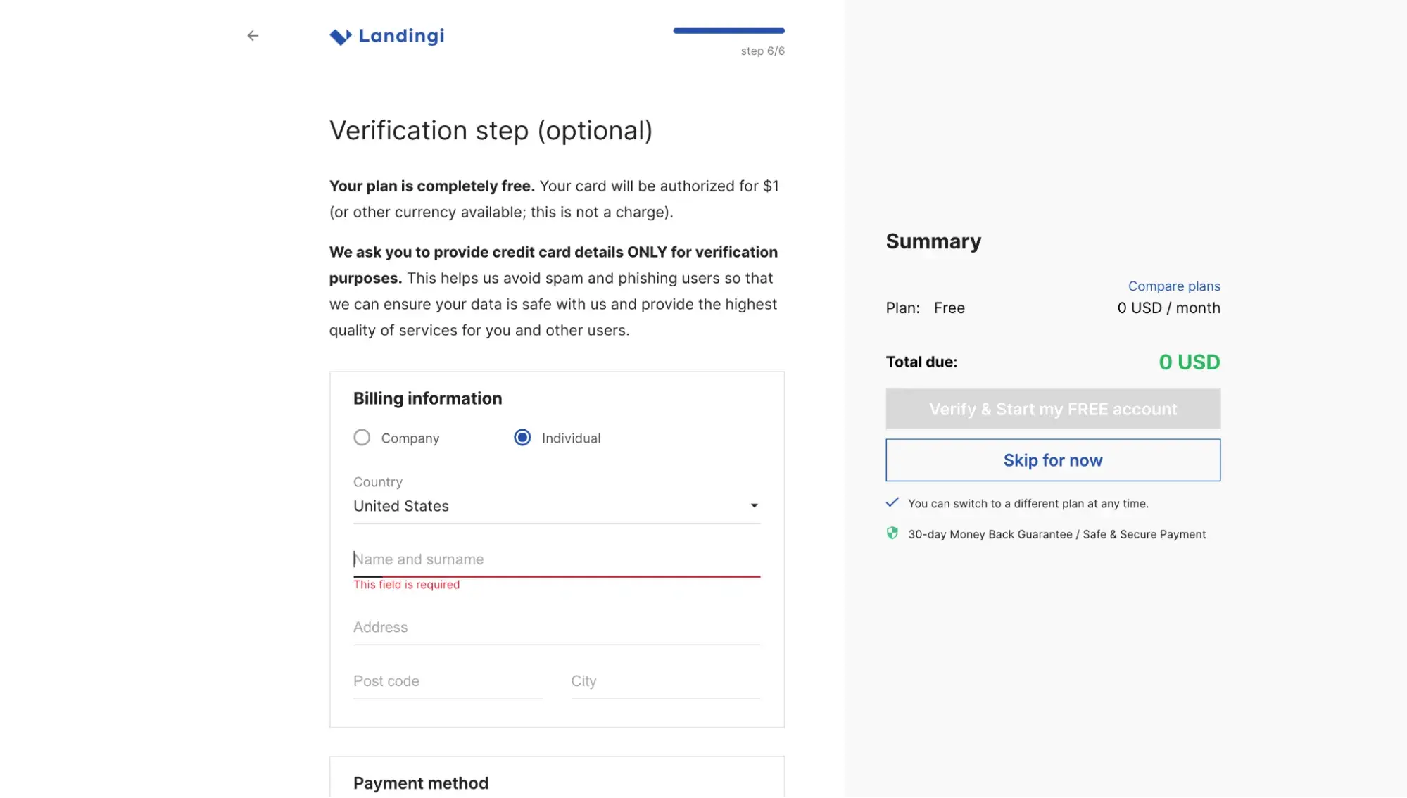 ai landing page builder: landingi verification step
