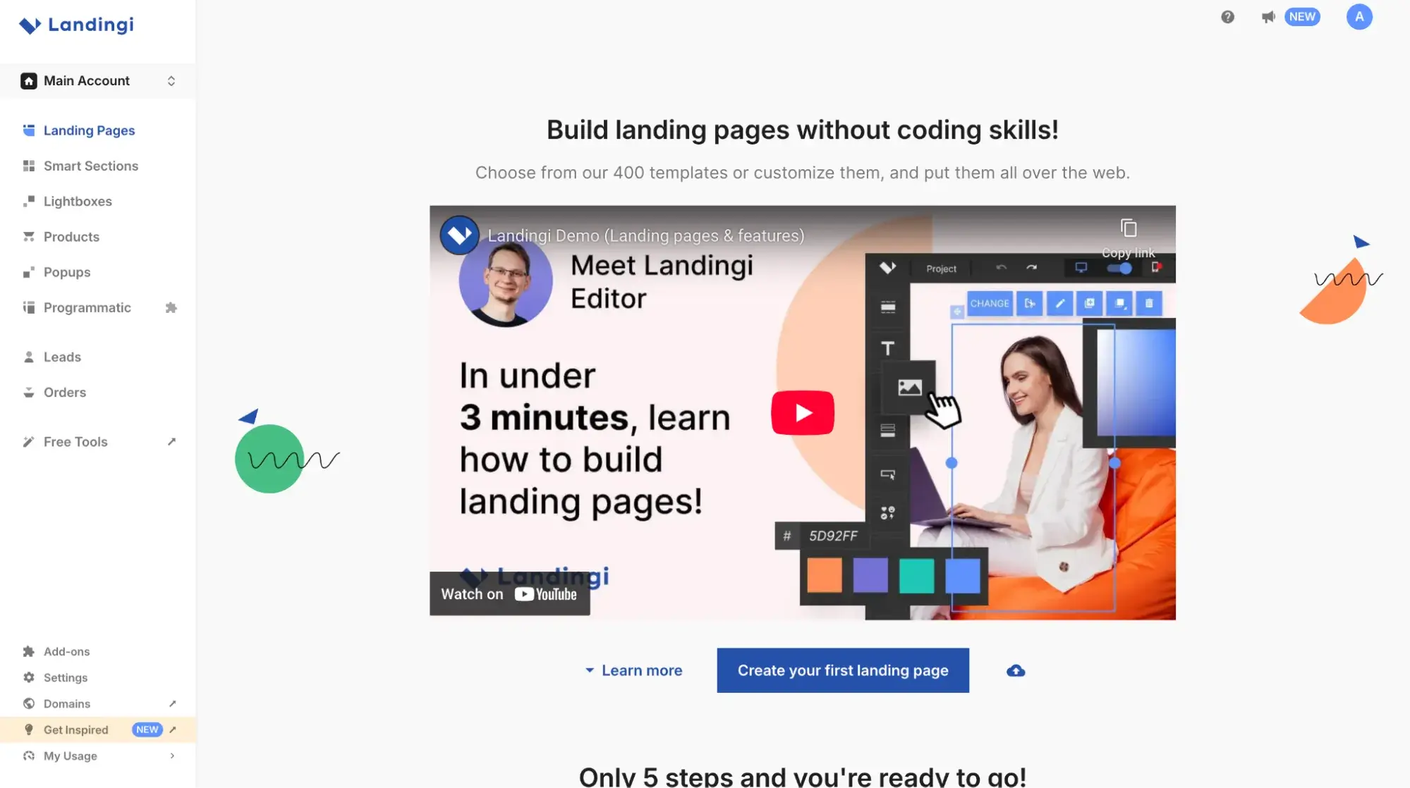 landingi dashboard with intro video
