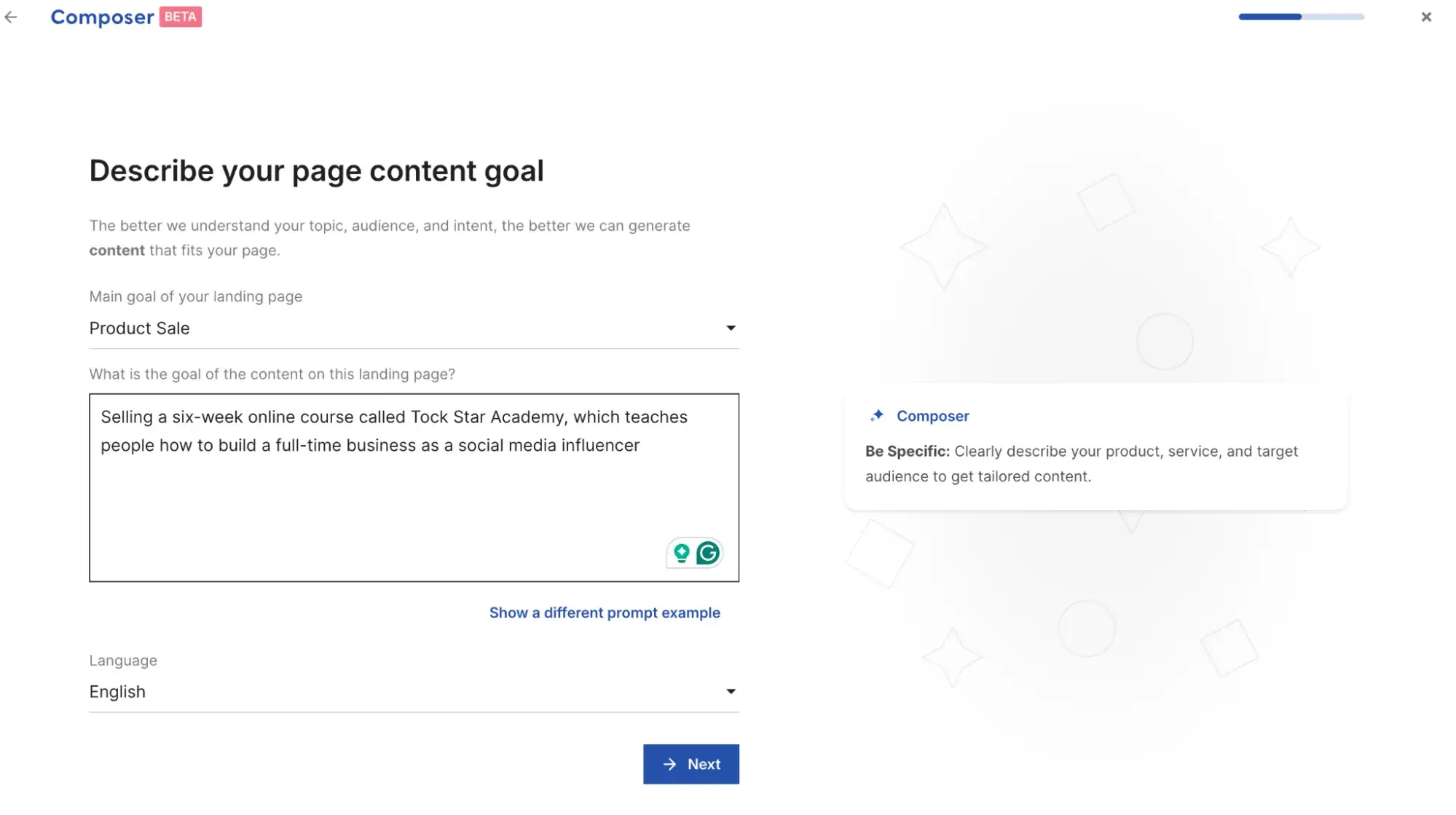 landingi’s composer asks the user to describe their page content goal.