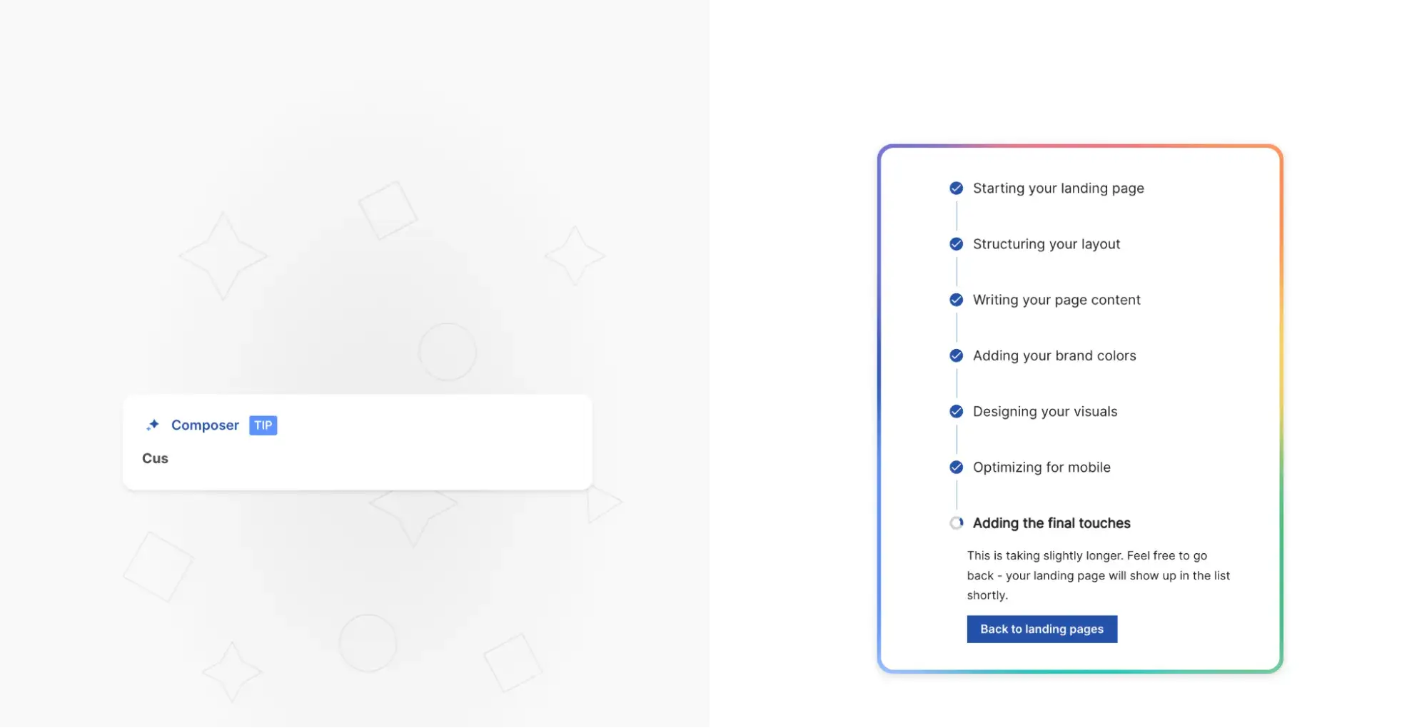 landingi’s composer ai generating a landing page