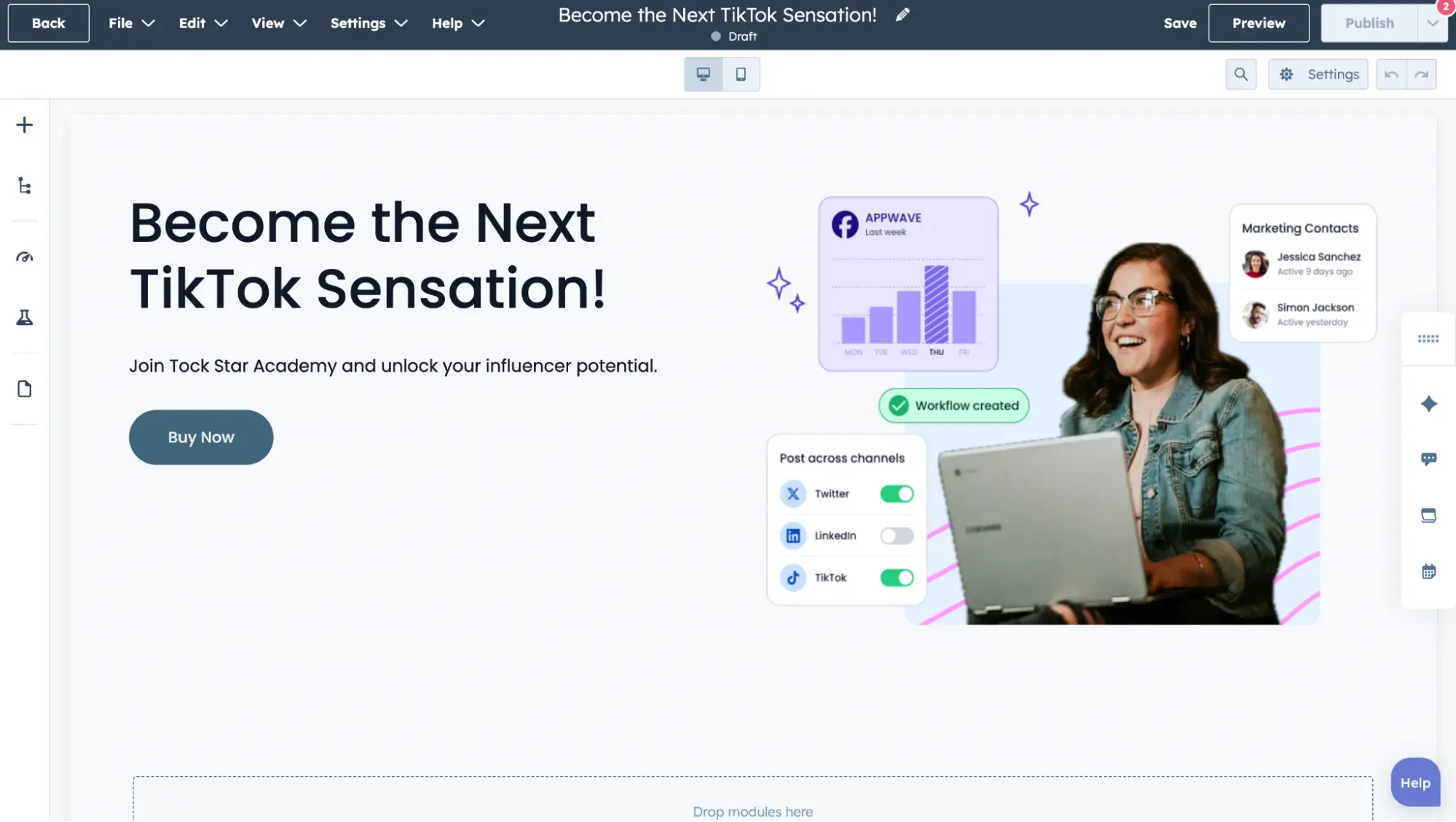 ai-generated copy on a landing page from hubspot campaign assistant