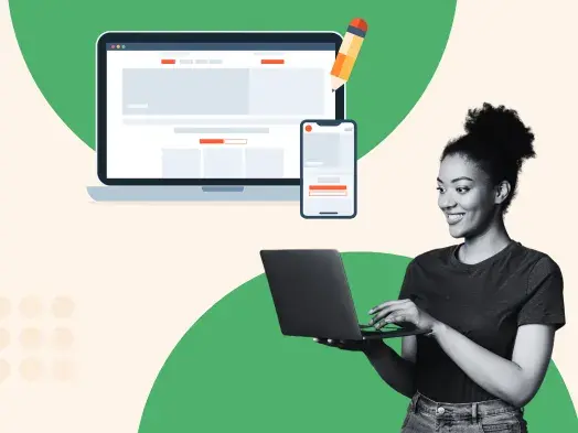 A woman smiles at her laptop