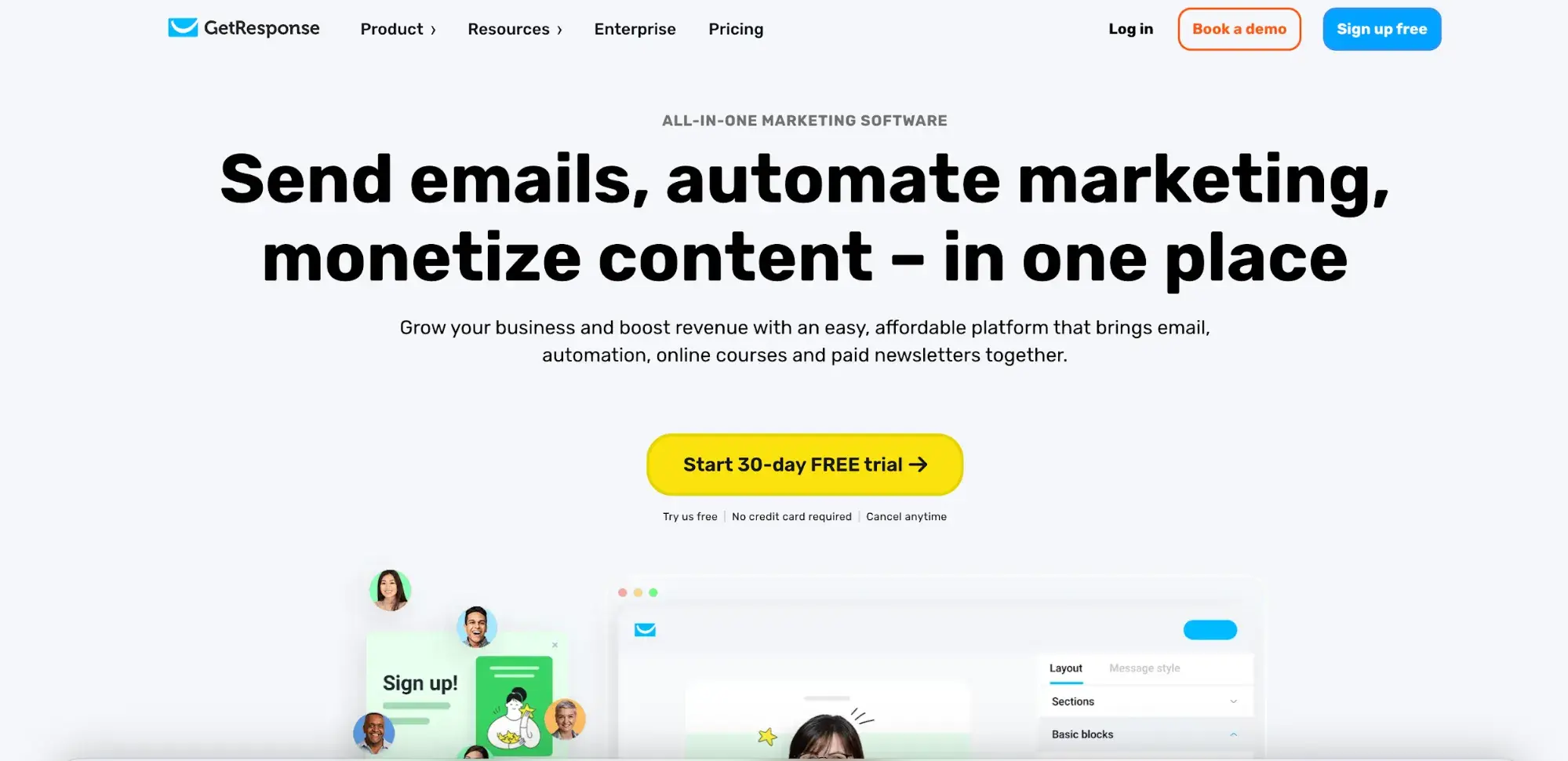 screenshot of getresponse.coms simple landing page. send emails, automate marketing, monetize content  in one place. https://www.getresponse.com/