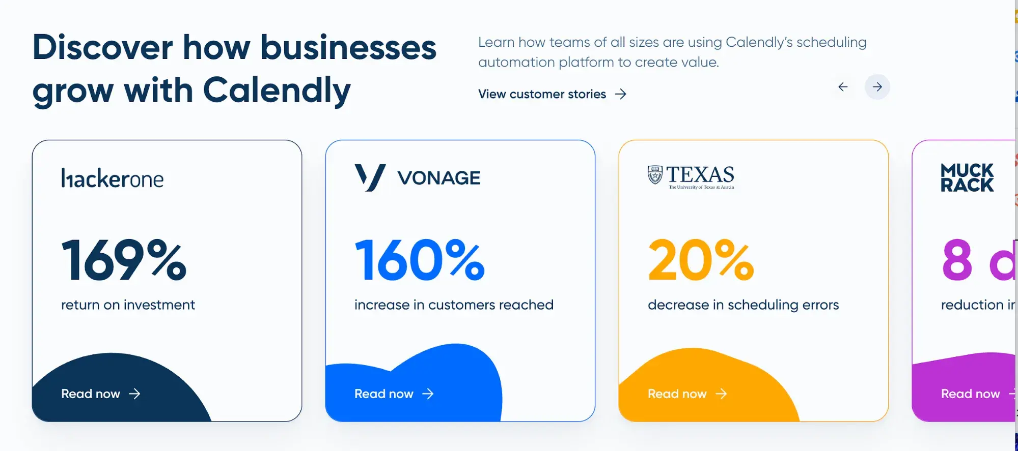 screenshot of calendly.com. discover how businesses grow with calendly. hackerone: 169% return on investment. vonage: 160% increase in customers reached. university of texas at austin: 20% decrease in scheduling errors.