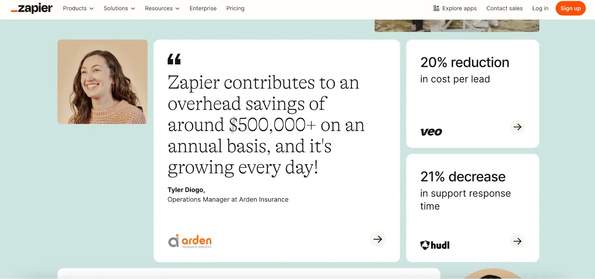screenshot of zapiers landing page, featuring a customer quote and photo.https://zapier.com/