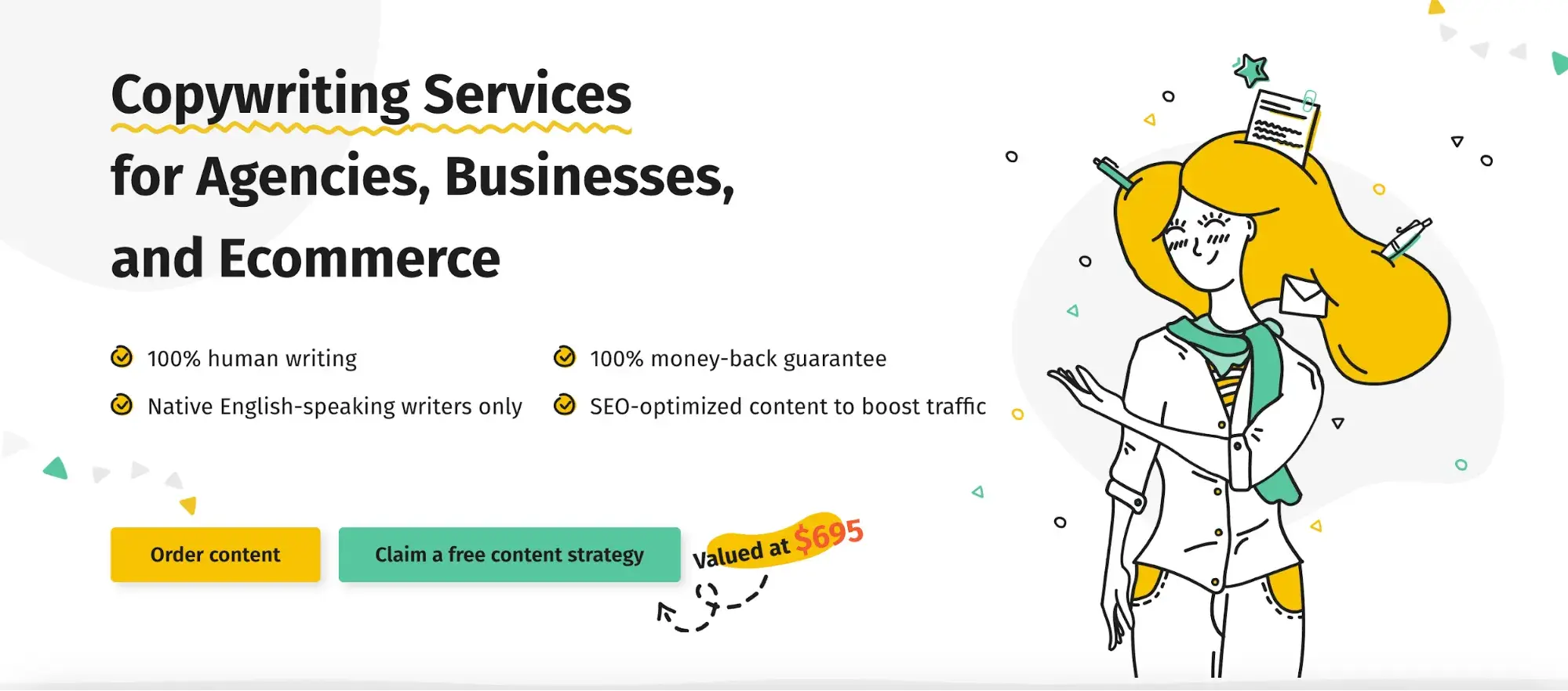 screenshot of getacopywriter.com, which emphasizes its products features: 100% human writing, 100% money-back guarantee, native english-speaking writers only, seo-optimized content to boost traffic.https://getacopywriter.com/